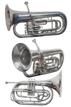 Set of three wind musical instruments, classical wind instrument euphonium Stock Photos