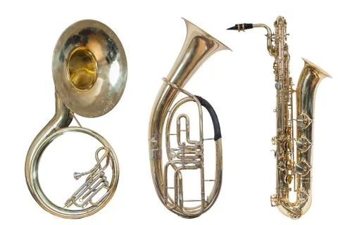 Set of three wind musical instruments, classic wind instrument sousaphone Stock Photos
