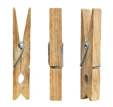 Set of three wooden cloth pegs isolated on white background Stock Photos