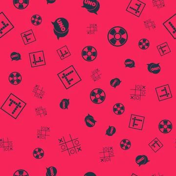 Set Tic tac toe game, Uno card, Bingo and Casino chip on seamless pattern Stock Illustration