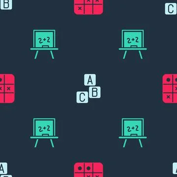 Set Tic tac toe game, ABC blocks and Chalkboard on seamless pattern. Vector Stock Illustration