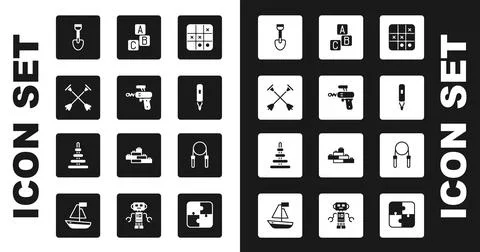 Set Tic tac toe game, Ray gun, Arrow with sucker tip, Shovel toy, Marker pen Stock-Illustration