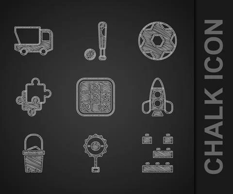 Set Tic tac toe game, Rattle baby toy, Toy building block bricks, Rocket ship Ilustración de archivo