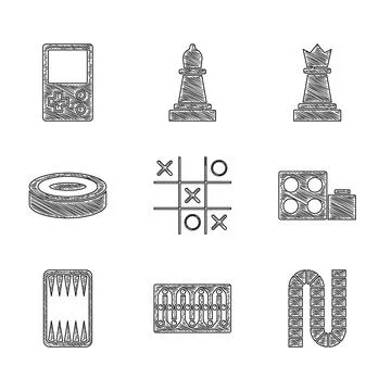 Set Tic tac toe game, Board, Toy building block bricks, Backgammon board Illustrazione stock