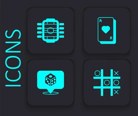 Set Tic tac toe game, Table football, Playing cards and Game dice icon. Black Stock Illustration