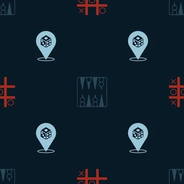 Set Tic tac toe game, Backgammon board and Game dice on seamless pattern. Vector Stock Illustration