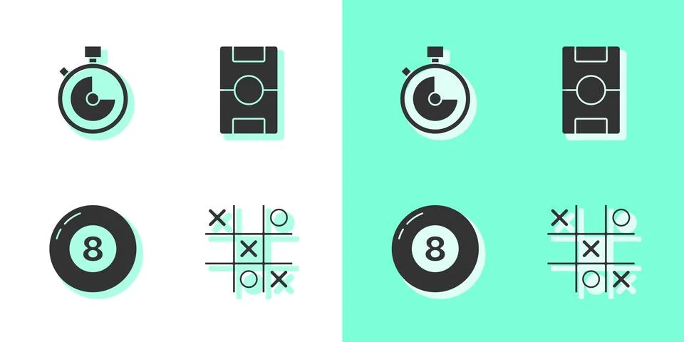 Set Tic tac toe game, Stopwatch, Billiard pool snooker ball and Hockey table  Illustrazione stock