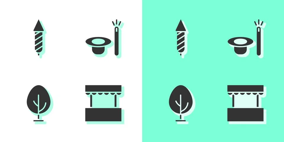 Set Ticket box office, Firework rocket, Tree and Magic hat and wand icon. Vector Stock Illustration