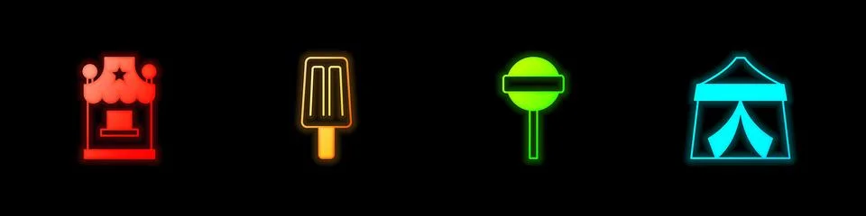 Set Ticket box office, Ice cream, Lollipop and Circus tent icon. Vector Illustrazione stock