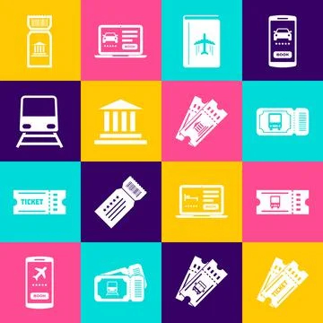 Set Ticket, Bus ticket, Cover book travel guide, Museum building, Train, and イラスト素材