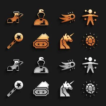 Set Ticket, Voodoo doll, Magic stone, Unicorn, wand, Fireball, Hermes sandal and Ilustração Stock