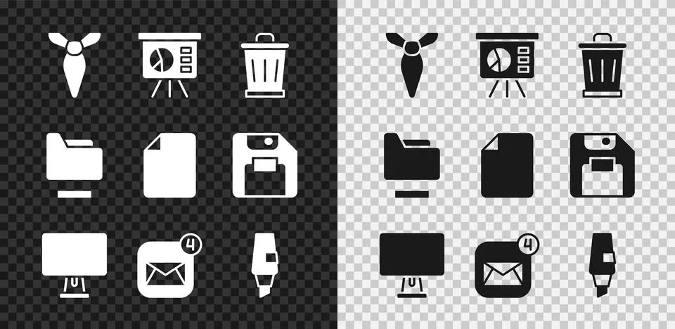 Set Tie, Board with graph, Trash can, Computer monitor, Envelope, Marker pe.. Stock-Illustration