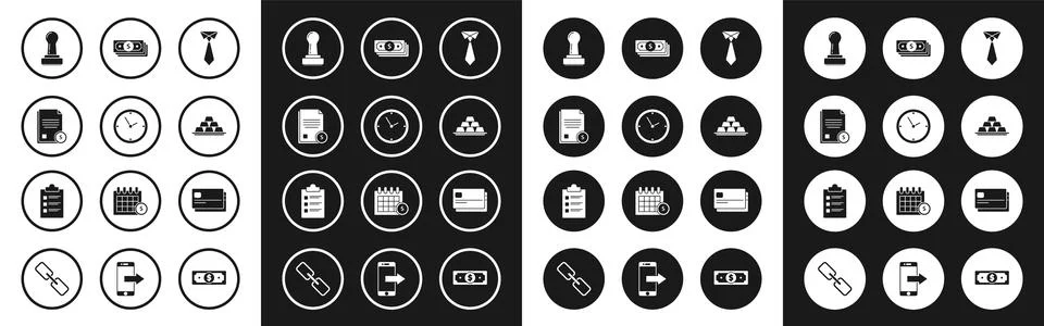 Set Tie, Clock, Finance document, Stamp, Gold bars, Stacks paper money cash Illustrazione stock