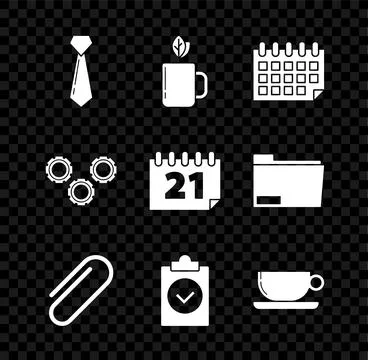 Set Tie, Cup of tea and leaf, Calendar, Paper clip, Completed task, Coffee cup Stock Illustration