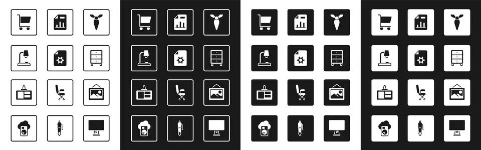 Set Tie, Document settings, Table lamp, Shopping cart, Archive papers drawer Stock Illustration