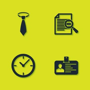 Set Tie, Identification badge, Clock and Document with search icon. Vector Stock Illustration