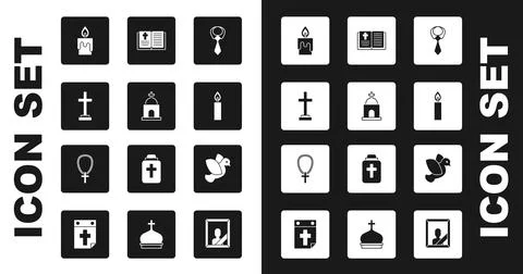 Set Tie, Old crypt, Grave with cross, Burning candle, Holy bible book, Dove and Ilustración de archivo