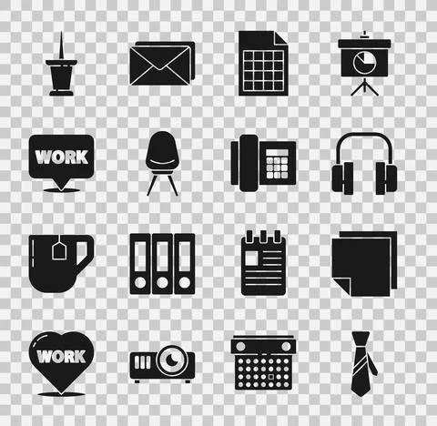 Set Tie, Post note stickers, Headphones, File document, Office chair, Location Stock Illustration