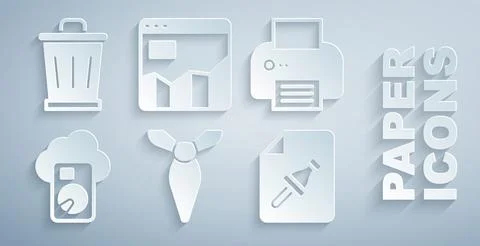 Set Tie, Printer, Cloud database, Note paper with push button, Graph chart Stock Illustration