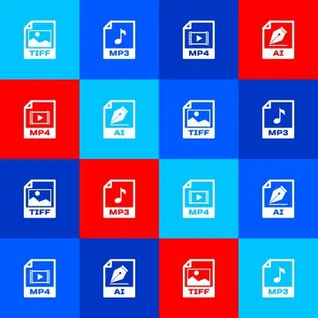 Set TIFF file document, MP3, MP4 and AI icon. Vector 스톡 일러스트