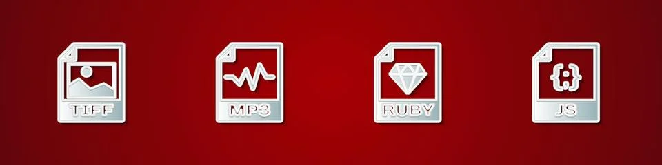 Set TIFF file document, MP3, RUBY and JS icon. Vector Illustrazione stock
