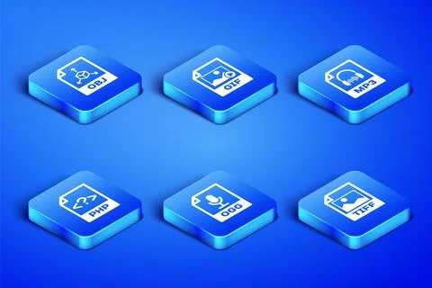 Set TIFF file document, OBJ, OGG, PHP, GIF and MP3 icon. Vector Stock Illustration