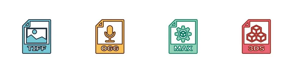 Set TIFF file document, OGG, MAX and 3DS icon. Vector Stock Illustration