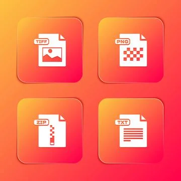Set TIFF file document, PNG, ZIP and TXT icon. Vector Illustrazione stock