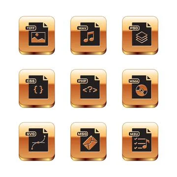 Set TIFF file document, SVG, MSG, PHP, CSS, PSD, M3U and WAV icon. Vector Stock Illustration