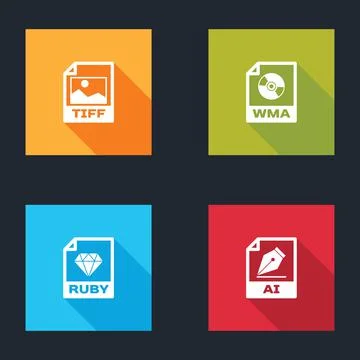Set TIFF file document, WMA, RUBY and AI icon. Vector Stock Illustration