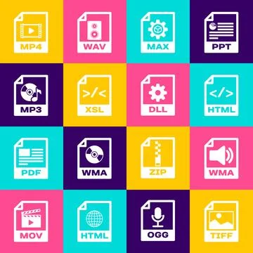 Set TIFF file document, WMA, HTML, MAX, XSL and MP3 icon. Vector Illustrazione stock