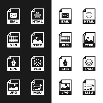 Set TIFF file document, XLS, EML, HTML, EPS and PSD icon. Vector 库存插图