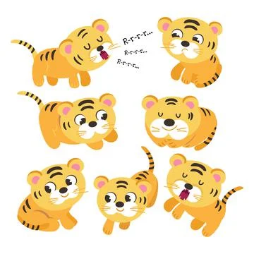 Set of tiger cubs with different emotions and poses. Cute animals in cartoon Stock Illustration