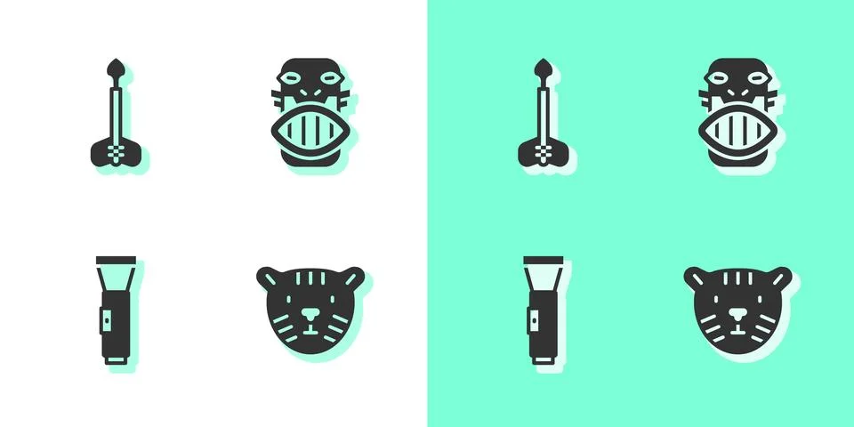Set Tiger head, Arrow, Flashlight and Mexican mayan or aztec mask icon. Vecto Illustrazione stock