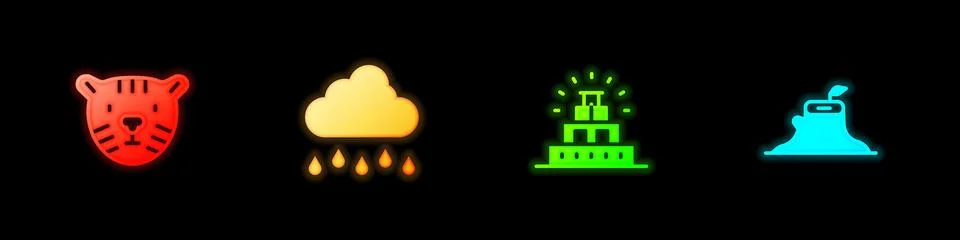 Set Tiger head, Cloud with rain, Chichen Itza Mayan and Tree stump icon. Vect Stock Illustration