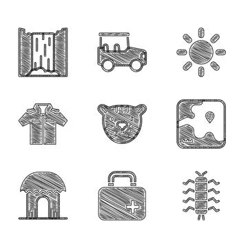 Set Tiger head, First aid kit, Centipede insect, Africa safari map, African hut Stock Illustration