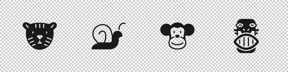 Set Tiger head, Snail, Monkey and Mexican mayan or aztec mask icon. Vector Illustrazione stock