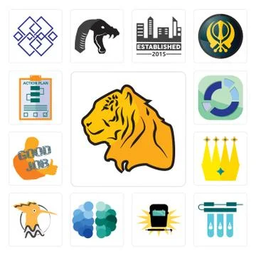 Set of tiger, water filter, welding, free brain, hoopoe, crown, good job, sec 무료 스톡 일러스트