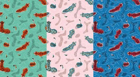 Set of tigers in the water. Seamless pattern with floating tiger, Big male ti Stock Illustration