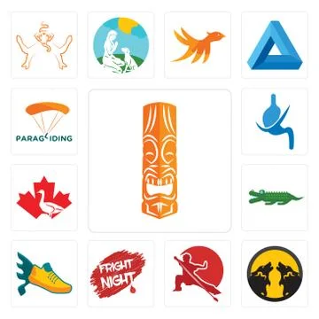 Set of tiki, pack wolf, wushu, fright night, flying shoe, croc, canada goose, 무료 스톡 일러스트