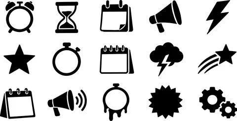 Set of time and alert icons including alarm clock and hourglass. Stock Illustration