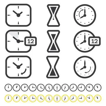 Set of Time and Clock Icon Isolated on White. Outline Objects. Stock Illustration