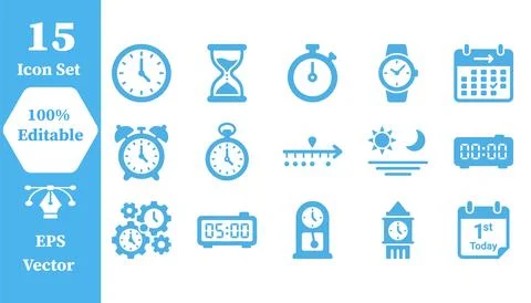 Set of time and clock icon vector graphics with calendar hourglass stopwatch Stock Illustration