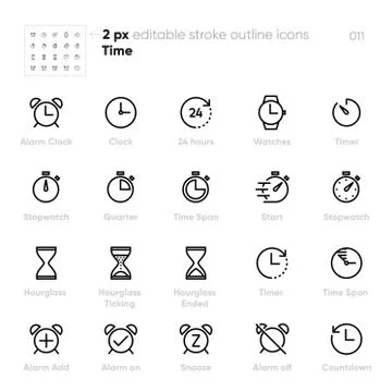 Set of Time and Clock Line Unified Icons. Includes Alarm, Timer, Stopwatch Stock Illustration