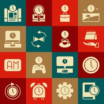 Set Time for book, Clock, Calendar, Work time, Old hourglass with sand, Monitor Stock Illustration