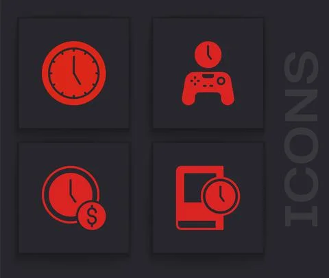 Set Time for book, Clock, Gamepad of time and is money icon. Vector Stock Illustration