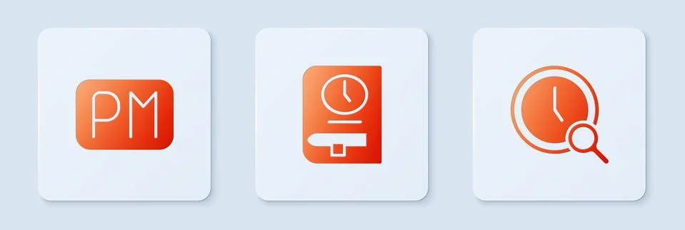 Set Time for book, Day time and Magnifying glass with clock. White square button Stock Illustration