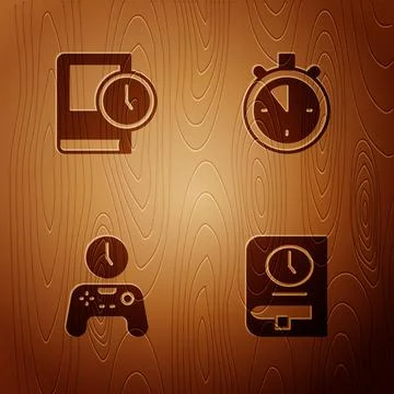 Set Time for book, , Gamepad of time and Stopwatch on wooden background. Vector Stock Illustration