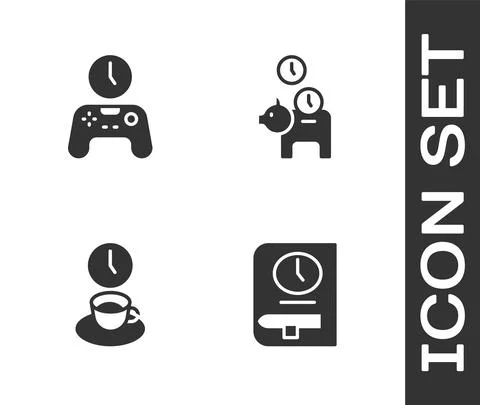 Set Time for book, Gamepad of time, Coffee and Piggy bank with coin icon. Vector Stock Illustration