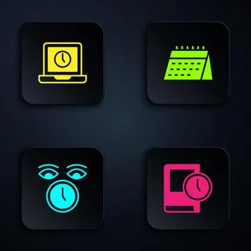 Set Time for book, Laptop time, Clock and Calendar. Black square button. Vector Stock Illustration